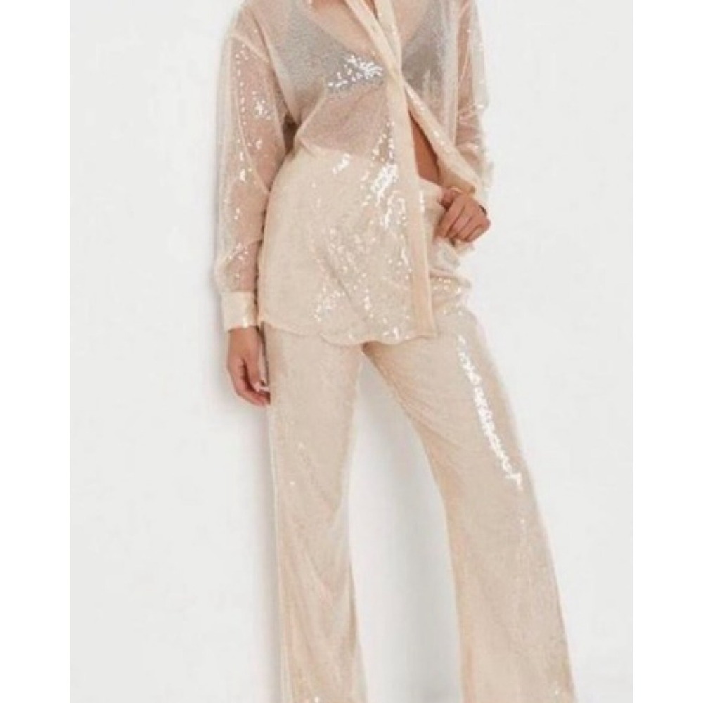 More To Come Revolve Ivory Sequin 2 Piece Sheer Button Down Shirt Pants Set M/L - Picture 2 of 11